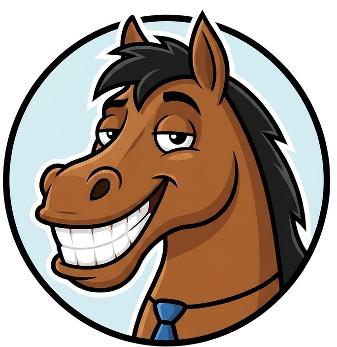The Smug Horse mascot: a grinning bay horse with a black mane, heavy-lidded eyes and a blue tie, in a round badge